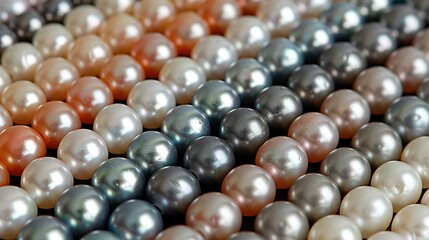   A close-up of multi-colored pearls - gray, pink, and white - displayed on a table