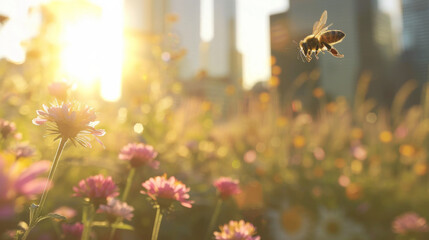 Bees in the air above wild flowers, flying over an urban city background with skyscrapers and buildings. summer season, beautiful sun light