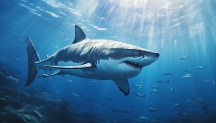 Naklejka premium The great White Shark in the ocean, portrait of White shark hunting prey in the underwater