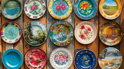 Colorful collection of vintage plates suitable for interior design and cultural events