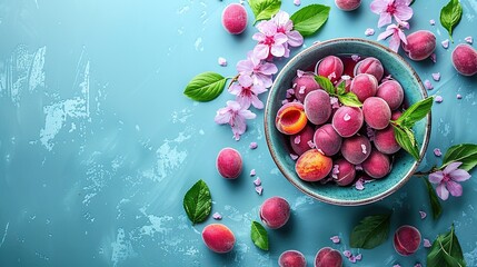   A bowl brimming with colorful fruits resting atop a blue base beside vibrant pink blossoms and lush green foliage