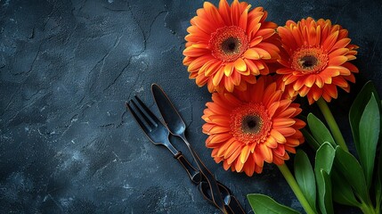   A table with an array of orange flowers, surrounded by cutlery including a knife and fork