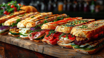A variety of gourmet paninis are artistically arranged on a rustic wooden board, featuring an assortment of fillings like fresh vegetables, meats, and cheeses, displayed in a bar setting