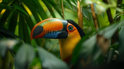 Obraz premium Colorful toucan sitting on branch, exotic bird in tropical rainforest. Bright beak, green and yellow plumage, wildlife in Amazon. Beautiful avian fauna, ornithology interest, seen.