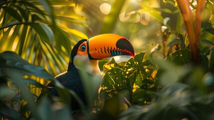 Obraz premium Exotic toucan in South American jungle, vibrant colorful feathers and large beak. Wildlife observation in lush rainforest habitat, ornithology interest in Costa Rica. Beautiful and.