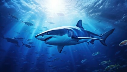 Fototapeta premium The great White Shark in the ocean, portrait of White shark hunting prey in the underwater