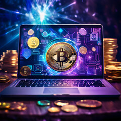 Crypto coin inside laptop computer screen Virtual finances investment digital cryptocurrency Future Technology Wealth Concept