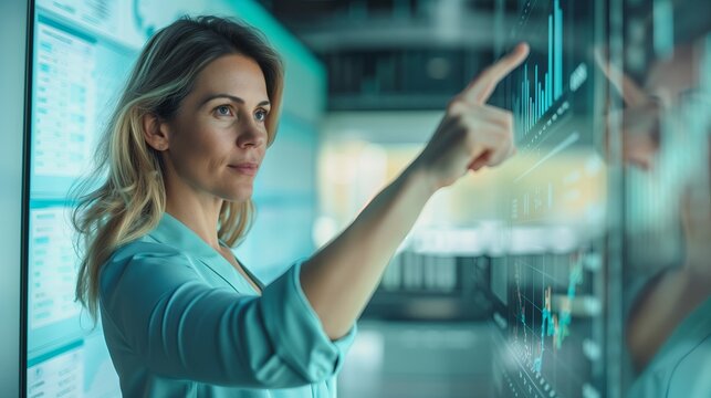 Futuristic technology in use by businesswoman, digital hologram screen for data analysis. Virtual interface for global network communication, modern office setting. Science and.