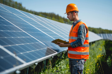 A professional inspector in an orange vest and safety helmet is meticulously examining a clipboard at a solar panel installation site.