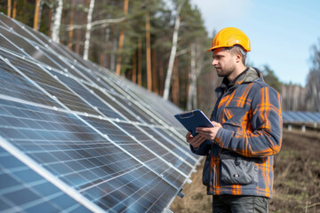 An expert in renewable energy systems is attentively assessing solar panels with a tablet in hand, wearing a hard hat and a plaid jacket.