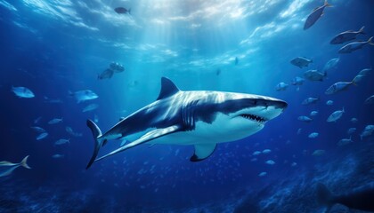 Fototapeta premium The great White Shark in the ocean, portrait of White shark hunting prey in the underwater