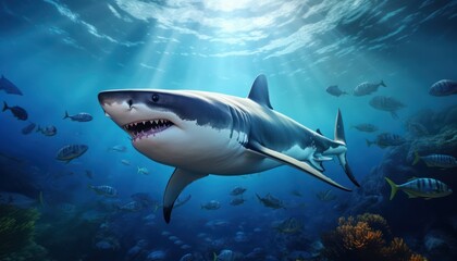 The great White Shark in the ocean, portrait of White shark hunting prey in the underwater