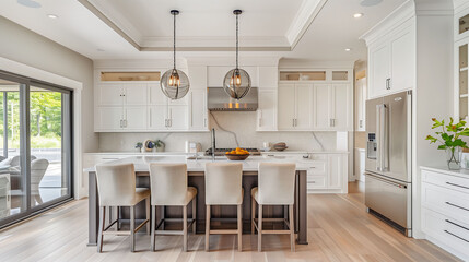 Contemporary kitchen with a timeless allure, boasting clean lines, neutral colors, and premium finishes for a sophisticated cooking and dining space