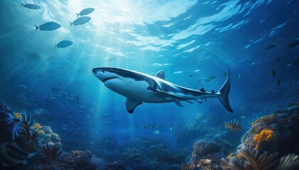 Fototapeta premium The great White Shark in the ocean, portrait of White shark hunting prey in the underwater