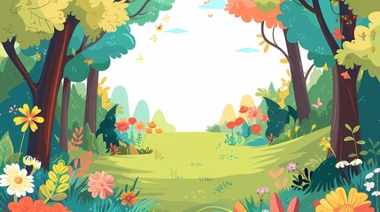 Serene forest clearing with vibrant flowers and lush trees
