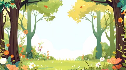 Fototapeta premium Serene forest glade with vibrant wildflowers and sun kissed trees
