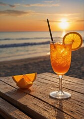 cocktail in a glass with a slice of orange, on a wooden table with a summer beach sunset in the background