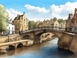 Naklejka premium Brightly illustrated river bridge in a city