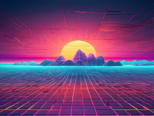 Retro-futuristic neon landscape with sun