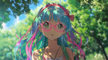 A stylish girl with pink, blue, green hair and glasses. A student or a schoolgirl. Resting or studying.