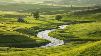Serene landscape with a meandering river, lush green fields, and a small wooden cabin