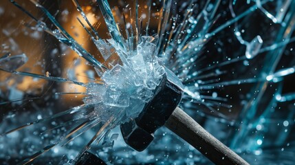 Explosive hammer strike shattering glass in dynamic freeze motion