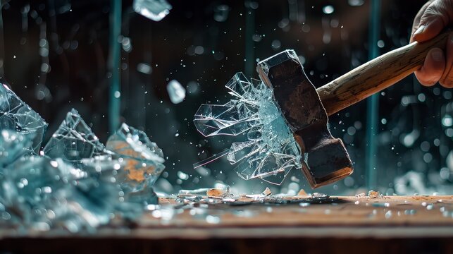 Explosive hammer strike shattering glass in dynamic freeze motion