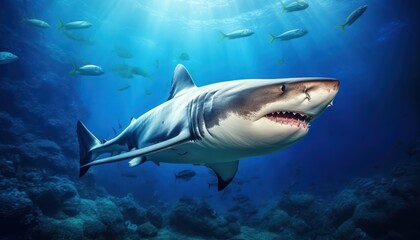 Fototapeta premium The great White Shark in the ocean, portrait of White shark hunting prey in the underwater