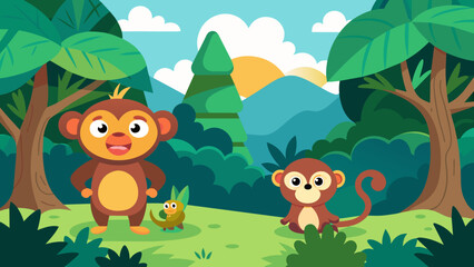 forest scene with funny monkeys cartoon vector illustration