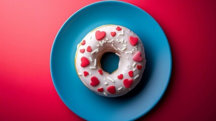 Heart-shaped Donut with Red and White Hearts on a Blue Plate
