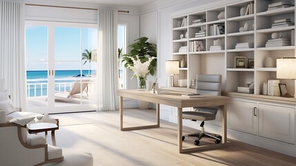 Plan a coastal-modern home office with beachy elements and sleek, contemporary furniture