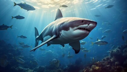 Fototapeta premium The great White Shark in the ocean, portrait of White shark hunting prey in the underwater