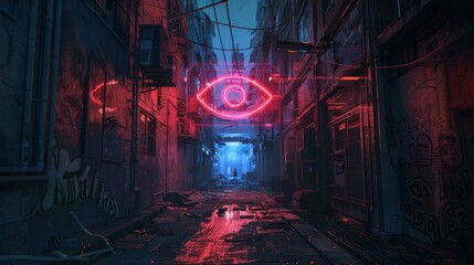 Futuristic cyberpunk alley with neon eye hologram, suitable for sci-fi themes and tech events