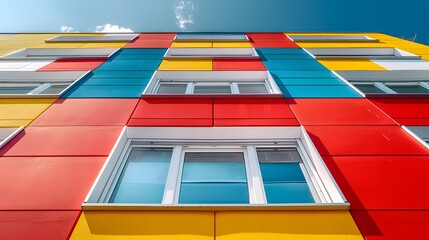 Colorful modern architecture with abstract design, a spectrum of red, yellow, and blue panels. Ideal for design and abstract art.