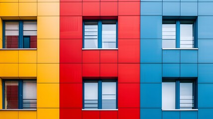 Colorful modern architecture with abstract design, a spectrum of red, yellow, and blue panels. Ideal for design and abstract art.