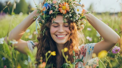 A woman joyfully crafting a flower crown gathering blooms in a lush green field