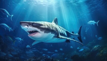 Fototapeta premium The great White Shark in the ocean, portrait of White shark hunting prey in the underwater