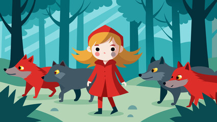 little girl red hooded scouted wolves cartoon vector illustration