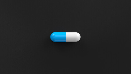 White blue single pill isolated on a black background. Tablet, pill capsule top view, flat lay. 3d render illustration 