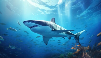 Fototapeta premium The great White Shark in the ocean, portrait of White shark hunting prey in the underwater