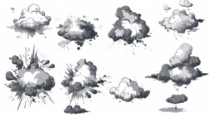 Comic energy explosion. Explosive speed smoke, cartoon cloudy explose effect, exploding outbreak, fire fume energy cloud, dynamite burst. 3D avatars set vector icon, white background, black colour ico