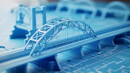 Detailed miniature bridge model on architectural blueprint