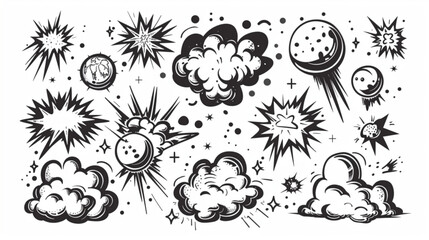Comic cartoon line bomb explosion. Doodle fight boom and bang effects, black pop drawn explosive elements, explose clouds, sketch shapes. Vector set 3D avatars set vector icon, white background, black