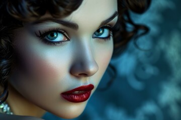 Fototapeta premium Close-up portrait of a woman with captivating eyes and red lipstick