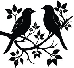 Two Birds sitting on a tree branch Silhouette Vector
