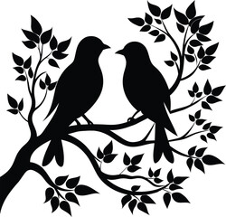 Two Birds sitting on a tree branch Silhouette Vector
