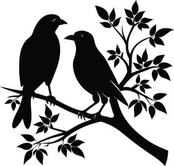 Two Birds sitting on a tree branch Silhouette Vector