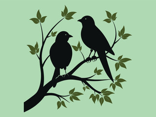 Two Birds sitting on a tree branch Silhouette Vector