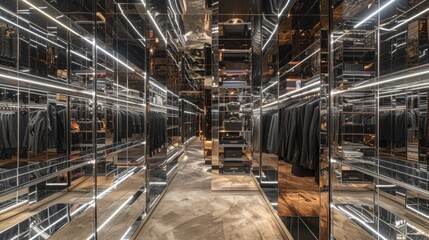 Futuristic mirror-lined fashion boutique interior for modern retail design