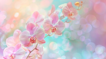 A bouquet of pink orchids with a blue background